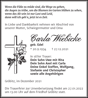 Traueranzeige von Carla Wiebicke von Trauerkombi Weißenfels