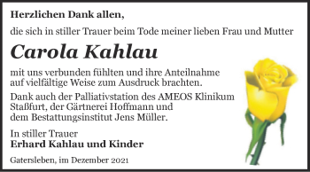 Traueranzeige von Carola Kahlau von Trauerkombi Aschersleben