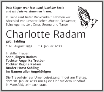 Traueranzeige von Charlotte Radam von Trauerkombi Mansfelder Land