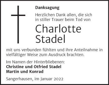 Traueranzeige von Charlotte Stadel von Trauerkombi Sangerhausen