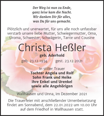 Traueranzeige von Christa Heßler von Trauerkombi Sangerhausen