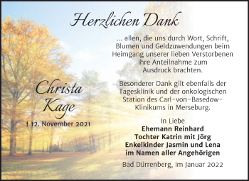 Traueranzeige von Christa Kage von Mitteldeutsche Zeitung Merseburg/Querfurt