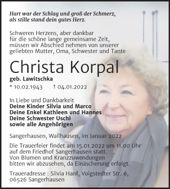 Traueranzeige von Christa Korpa von Mitteldeutsche Zeitung Sangerhausen