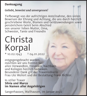 Traueranzeige von Christa Korpal von Trauerkombi Sangerhausen