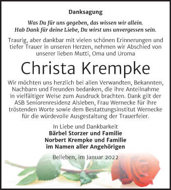 Traueranzeige von Christa Krempke von Trauerkombi Bernburg