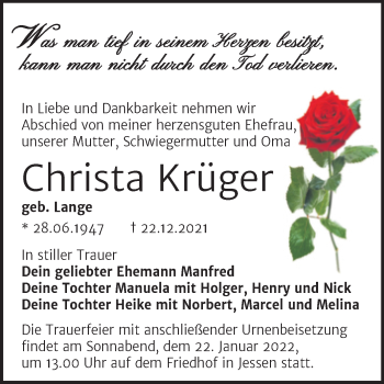 Traueranzeige von Christa Krüger von Trauerkombi Wittenberg