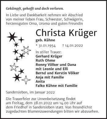 Traueranzeige von Christa Krüger von Trauerkombi Mansfelder Land