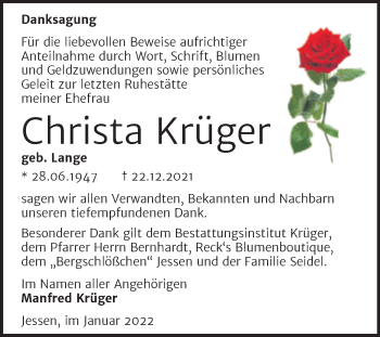 Traueranzeige von Christa Krüger von Trauerkombi Wittenberg