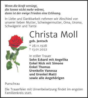 Traueranzeige von Christa Moll von Wochenspiegel Naumburg/Nebra