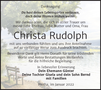 Traueranzeige von Christa Rudolph von Trauerkombi Weißenfels