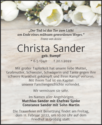 Traueranzeige von Christa Sander von Trauerkombi Köthen