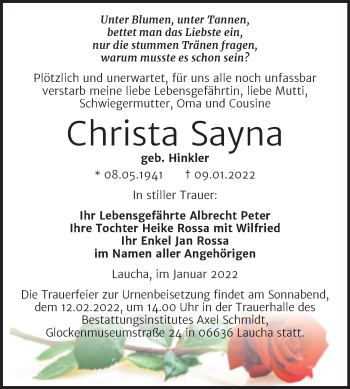 Traueranzeige von Christa Sayna von Wochenspiegel Naumburg/Nebra