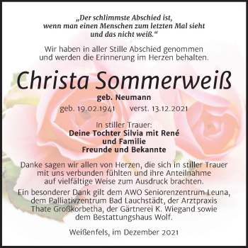 Traueranzeige von Christa Sommerweiß von Trauerkombi Weißenfels
