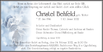 Traueranzeige von Christel Behfeld von Trauerkombi Quedlinburg