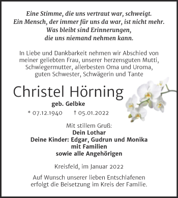 Traueranzeige von Christel Hörning von Trauerkombi Mansfelder Land