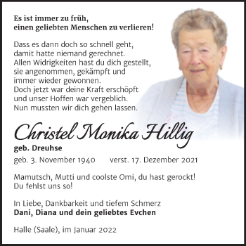 Traueranzeige von Christel Monika Hillig von Mitteldeutsche Zeitung Halle/Saalkreis
