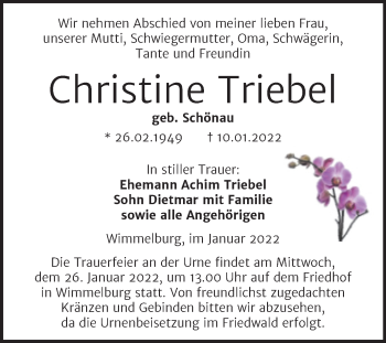 Traueranzeige von Christine Triebel von Trauerkombi Mansfelder Land