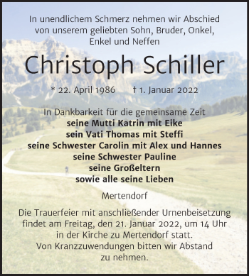 Traueranzeige von Christoph Schiller von Naumburger Tageblatt