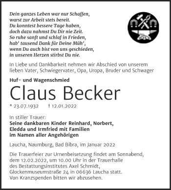 Traueranzeige von Claus Becker von Wochenspiegel Naumburg/Nebra