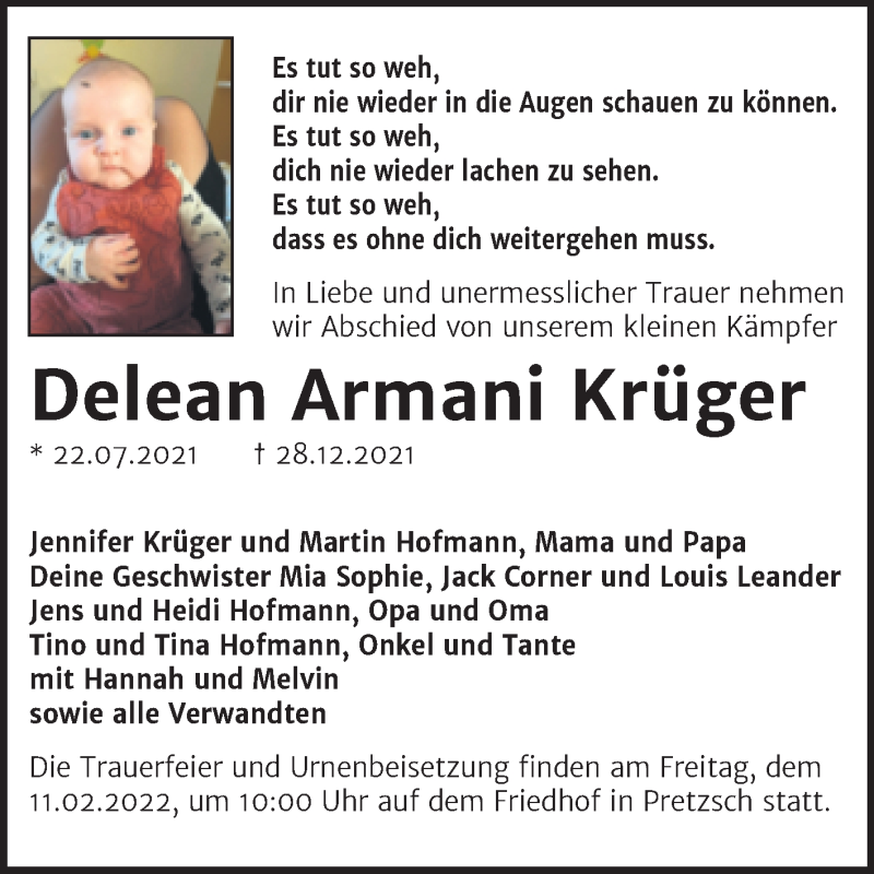  Traueranzeige für Delean Armani Krüger vom 15.01.2022 aus Trauerkombi Wittenberg