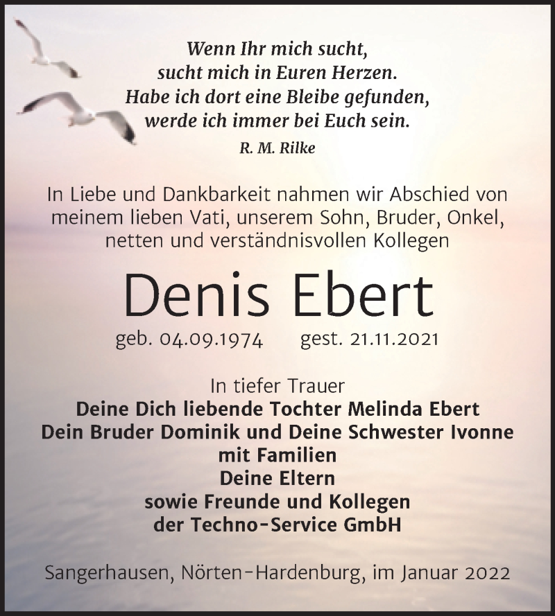  Traueranzeige für Denis Ebert vom 14.01.2022 aus Trauerkombi Sangerhausen