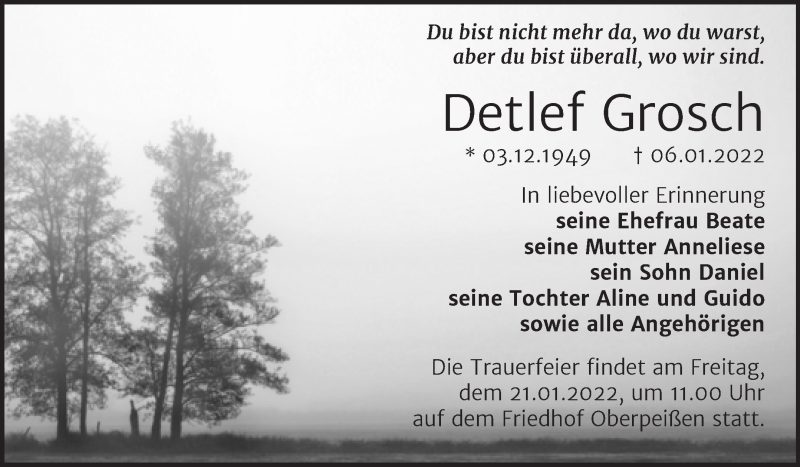  Traueranzeige für Detlef Grosch vom 15.01.2022 aus Trauerkombi Bernburg