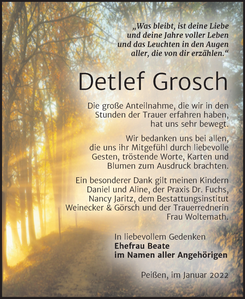  Traueranzeige für Detlef Grosch vom 26.01.2022 aus Trauerkombi Bernburg
