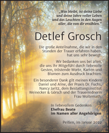 Traueranzeige von Detlef Grosch von Trauerkombi Bernburg