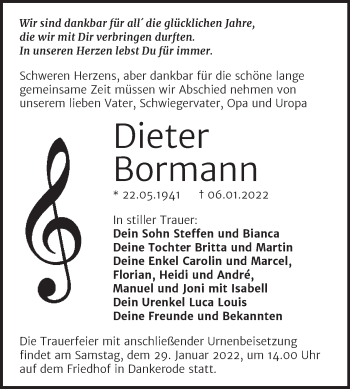 Traueranzeige von Dieter Bormann von Trauerkombi Quedlinburg