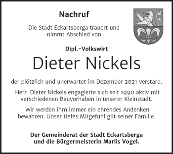 Traueranzeige von Dieter Nickels von Wochenspiegel Naumburg/Nebra