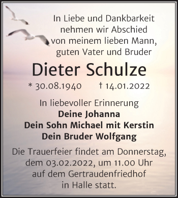 Traueranzeige von Dieter Schulze von Mitteldeutsche Zeitung Halle/Saalkreis