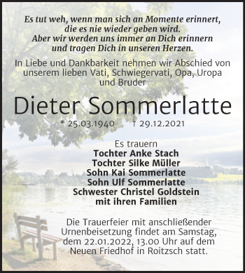Traueranzeige von Dieter Sommerlatte von Trauerkombi Bitterfeld