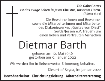 Traueranzeige von Dietmar Barth von Super Sonntag Wittenberg