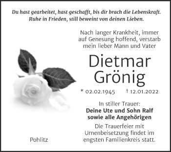 Traueranzeige von Dietmar Grönig von Wochenspiegel Naumburg/Nebra