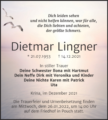 Traueranzeige von Dietmar Lingner von Trauerkombi Bitterfeld