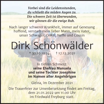 Traueranzeige von Dirk Schönwälder von Super Sonntag Naumburg/Nebra