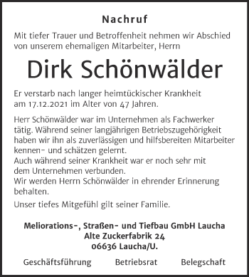 Traueranzeige von Dirk Schönwälder von Naumburger Tageblatt