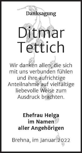 Traueranzeige von Ditmar Tettich von Trauerkombi Bitterfeld