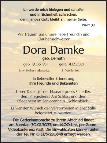 Traueranzeige von Dora Damke von Trauerkombi Weißenfels