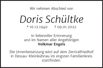 Traueranzeige von Doris Schültke von Trauerkombi Dessau