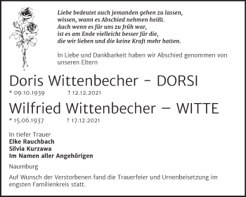 Traueranzeige von Doris und Wilfried Wittenbecher von Wochenspiegel Naumburg/Nebra