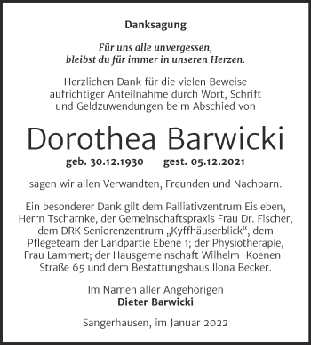 Traueranzeige von Dorothea Barwicki von Trauerkombi Sangerhausen
