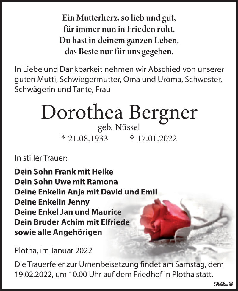  Traueranzeige für Dorothea Bergner vom 22.01.2022 aus Trauerkombi Weißenfels
