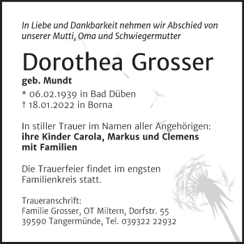 Traueranzeige von Dorothea Grosser von Mitteldeutsche Zeitung Halle/Saalkreis