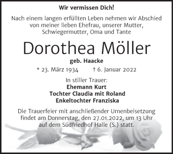 Traueranzeige von Dorothea Möller von Mitteldeutsche Zeitung Halle/Saalkreis