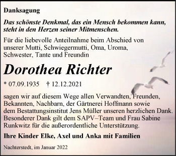 Traueranzeige von Dorothea Richter von Trauerkombi Aschersleben