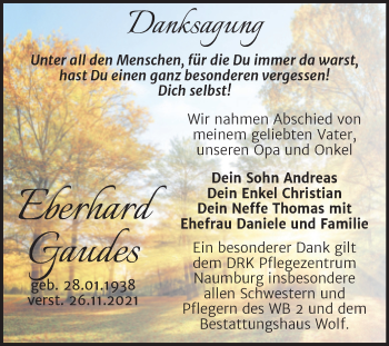 Traueranzeige von Eberhard Gaudes von Trauerkombi Zeitz