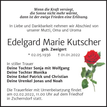 Traueranzeige von Edelgard Marie Kutscher von Trauerkombi Bitterfeld