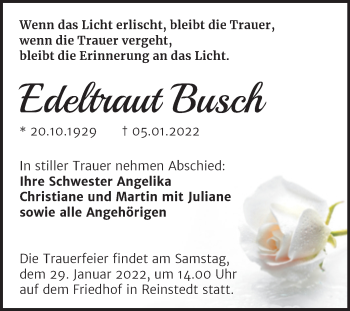 Traueranzeige von Edeltraut Busch von Trauerkombi Quedlinburg