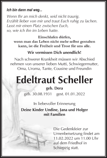 Traueranzeige von Edeltraut Scheller von Mitteldeutsche Zeitung Halle/Saalkreis